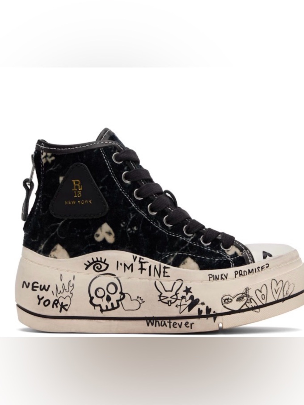 R13 Black Velvet High-Top Platform Sneakers with Hand-Drawn Graphic Midsole